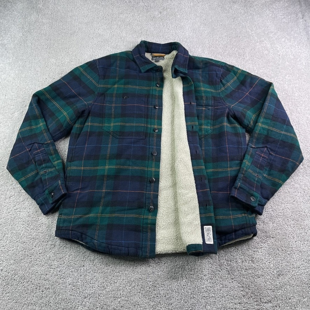 LL Bean Shirt Jacket Mens Medium Green Plaid Sherpa Lined Flannel Slim Fit